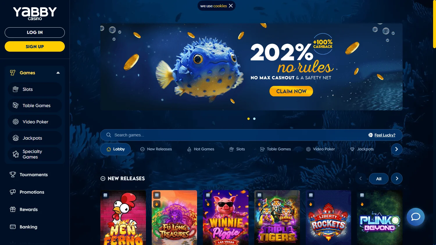 Yabby Casino desktop games selection