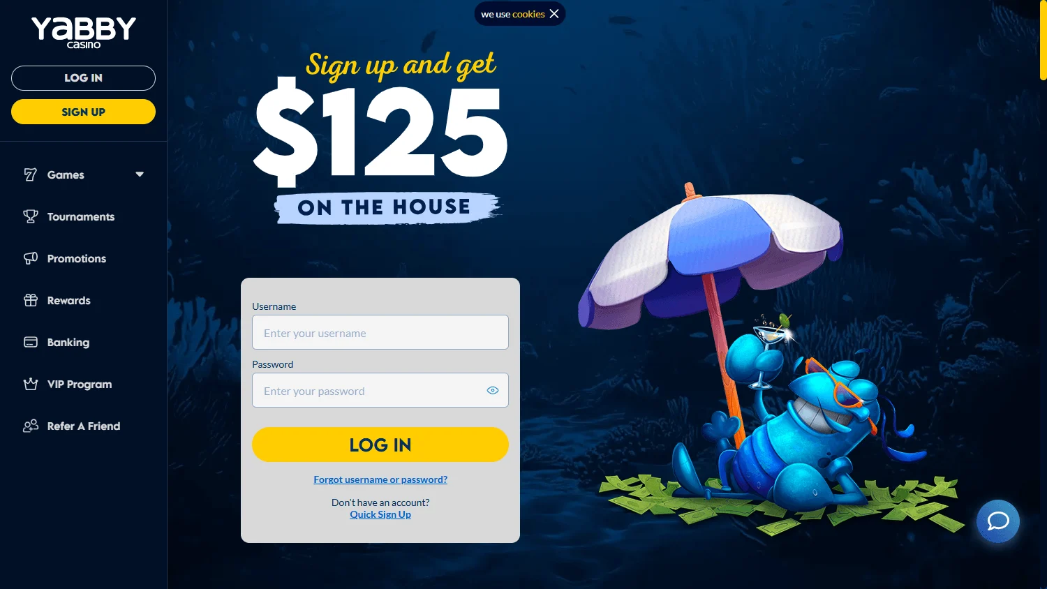 Yabby Casino desktop home with the opening offer