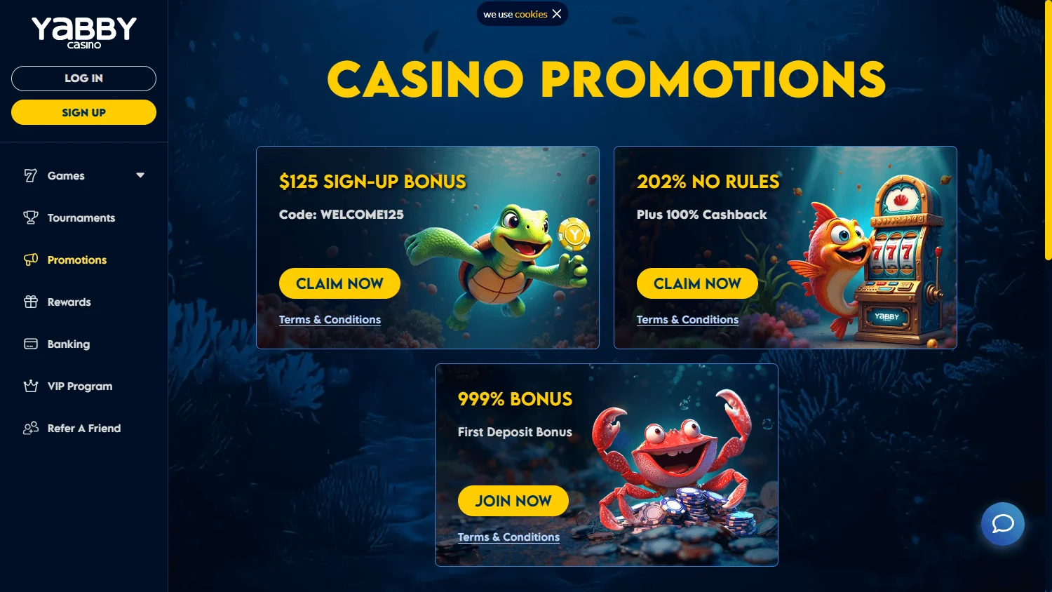 Yabby Casino desktop promotions and welcome offers